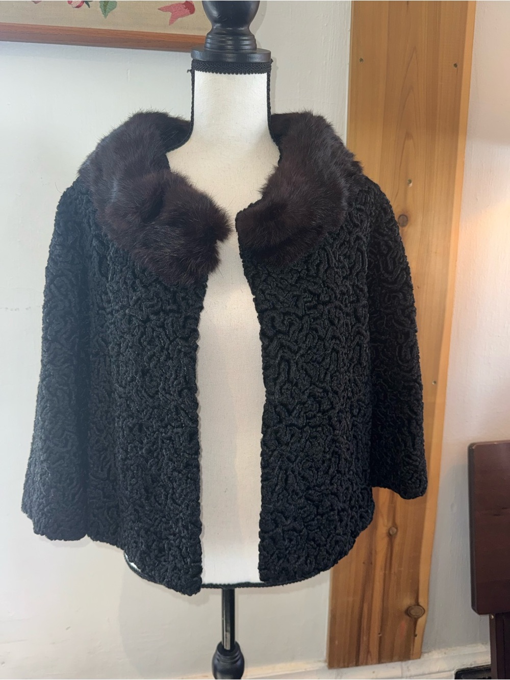 VINTAGE Black Fur Collar Textured Cape Sweater Overcoat
